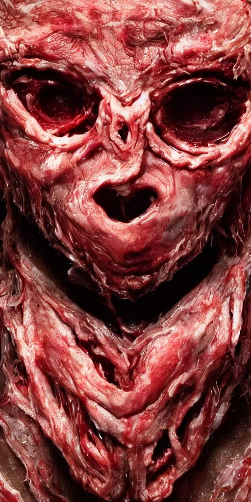 Image similar to photorealistic ultra detailed humanoid creature made of decomposed bloody flesh flesh, the woods, night, extremly detailed, 8 k, realistic, sharp focus, cosmic horror creature, cosmic horror, from the movie the thing, mysterious creature, bloody eyes