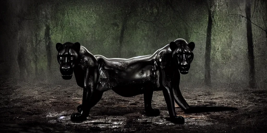 Prompt: the black lioness made of tar, dripping tar, dripping goo, sticky black goo, stalking prey in the tar pit forest at night, dripping goo, sticky black goo. photography, dslr, reflections, black goo, rim lighting, cinematic light, horror, contrast, volumetric, neon, tar pit, saturated