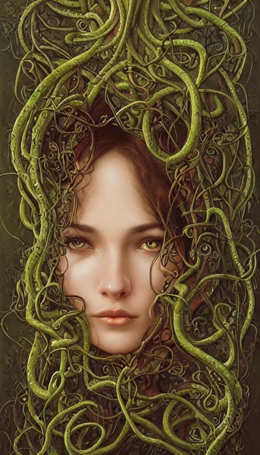 Prompt: very detailed portrait of a 2 0 years old girl surrounded by tentacles, the youg woman visage is blooming from fractal and vines, by karol bak