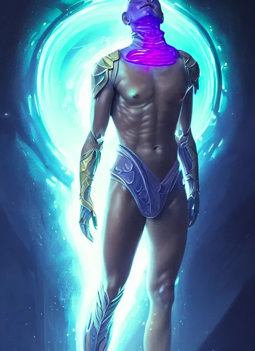 Image similar to a faceless masculine humanoid liquefied stardust adventurer, dnd fantasy character, full body portrait, glowing neon skin, magical aura, ultra realistic, intricate, elegant, highly detailed, digital painting, artstation, smooth, sharp, focus, illustration, art by artgerm and greg rutkowski and alphonse mucha