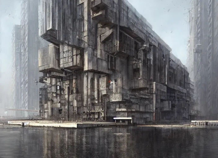 Image similar to a brutalist concrete harbor, architecture, a realistic digital painting by greg rutkowski and james gurney, trending on artstation, highly detailed