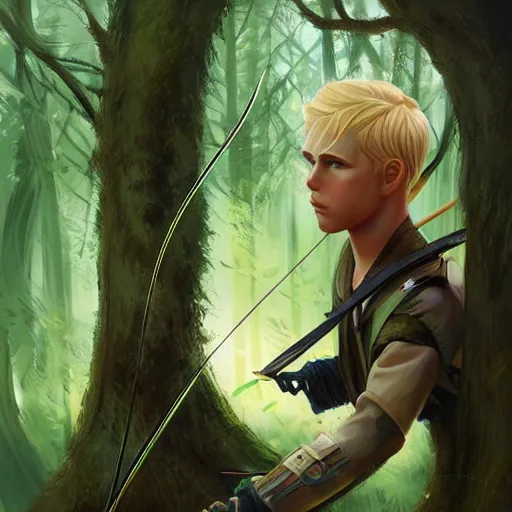 Prompt: archer boy, blonde hair, green eyes, holding bow and arrow, highly detailed, full body, in the forest, artstation, by charlie bowater