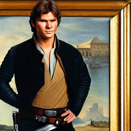 Image similar to a portrait painting of han solo from star wars in a renaissance style hanging in the louvre