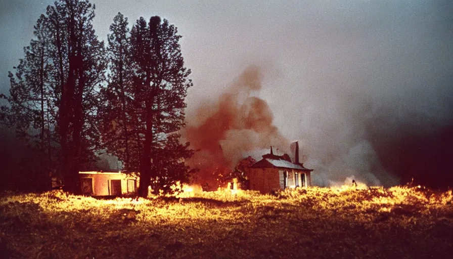 Image similar to 1 9 7 0 s movie still by andrei tarkovsky of a heavy burning french style little house in a small northern french village by night in autumn, pines forest, cinestill 8 0 0 t 3 5 mm, heavy grain, high quality, high detail, dramatic light, anamorphic, flares, by mini - dv camera