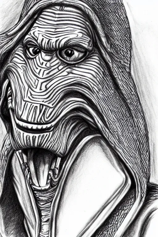 Prompt: highly detailed ballpoint pen sketch of Jar Jar Binks, high quality