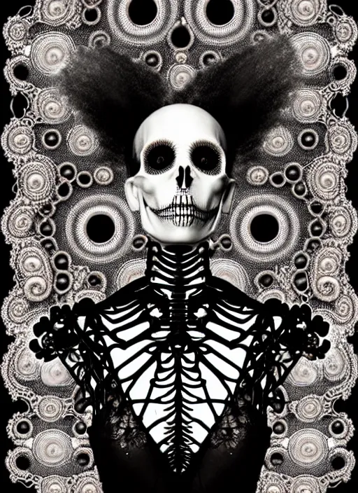 Image similar to surreal black and white photo portrait of complex bio-mechanical beautiful young female undead skeletal cyborg with a Mandelbrot fractal steampunk metal fine lace face, retrofuturistic depressing hopeless horrific vibe, curled silver hair and a fine metal floral foliage super big lace collar by Alexander McQueen:: high fashion, haute couture, rococo, steampunk, silver filigree details, anatomical, facial muscles, cable wires, microchip, elegant, hyper realistic, 150 mm lens, soft rim light, octane render, unreal engine, volumetric lighting, 8k,