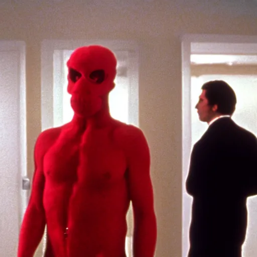 Image similar to still of elmo in american psycho ( 2 0 0 0 ), 8 k, very detailed, very intricate, cinematic,