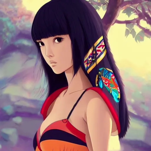 Image similar to a beautiful young japanese natalie portman alluring gravure model, anime graphic illustration, wearing oversized designer bomber jacket and one piece bikini, bulky poofy bomber jacket with mesoamerican patterns, mesoamerican native street fashion, princess mononoke screenshot, aesthetic, gorgeous, stunning, alluring, attractive, artstation, pinterest, digital art