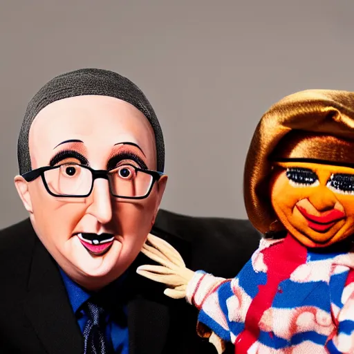 Prompt: portrait of a babushka with pet miniature ventriloquist dummy of john oliver