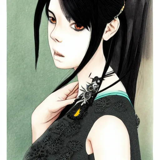 Image similar to dark haired girl, goth style, raven on her shoulder, pale gentle face, intricate detailed outfit, art by sakimichan, studio ghibli