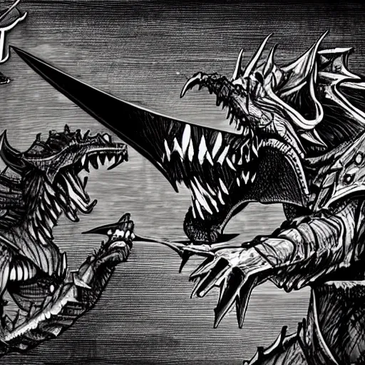 Prompt: dovahkiin stabs alduin the dragon with his ebony sword, slaying the beast. cartoon style.