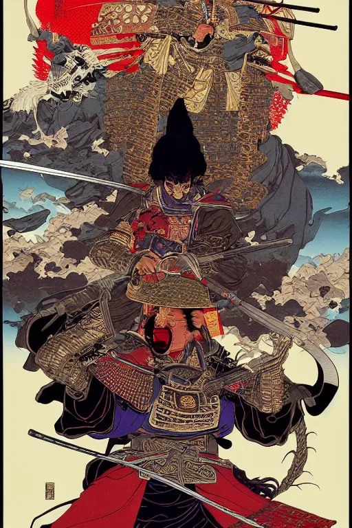 Prompt: poster of joe biden as a samurai, by yoichi hatakenaka, masamune shirow, josan gonzales and dan mumford, ayami kojima, takato yamamoto, barclay shaw, karol bak, yukito kishiro, highly detailed