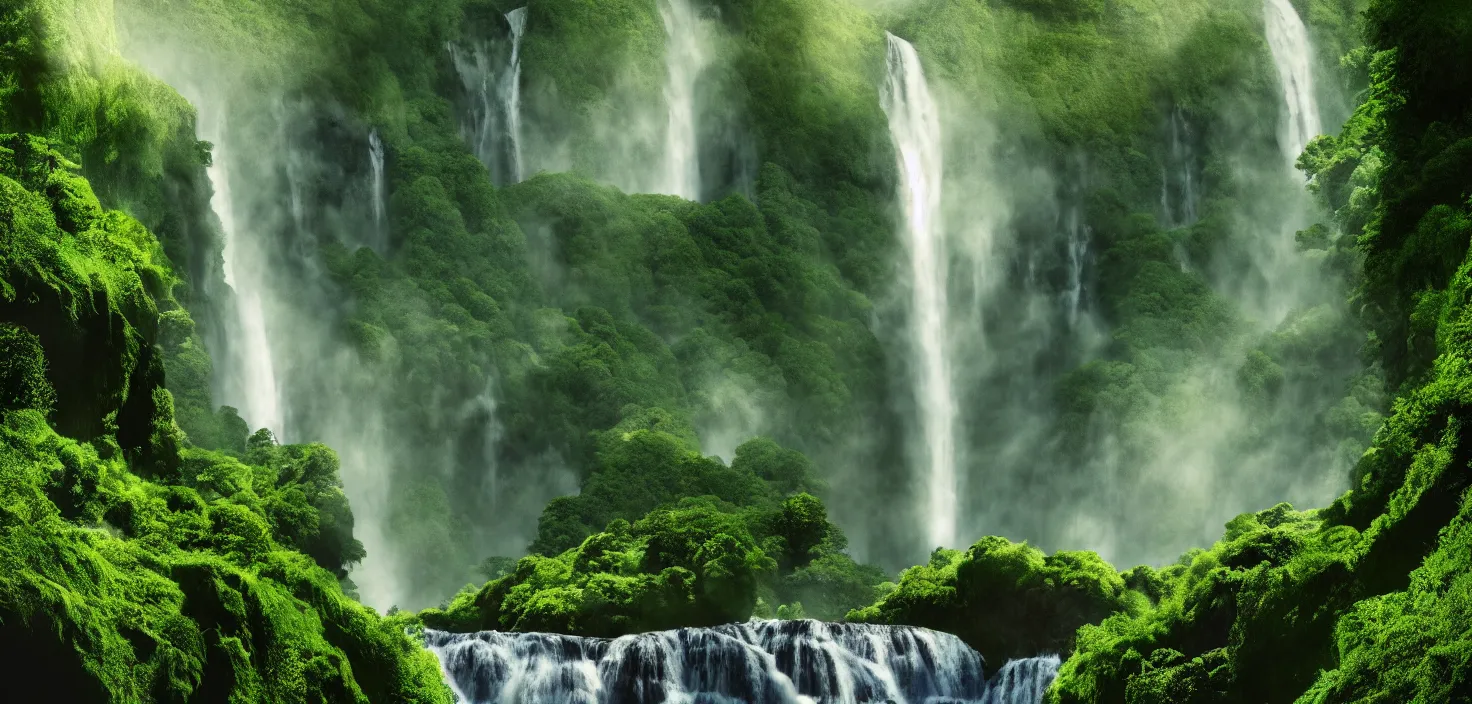 Image similar to a large waterfall in the middle of a green valley, a detailed matte painting by jacob willemszoon de wet, shutterstock contest winner, naturalism, sense of awe, national geographic photo, unreal engine