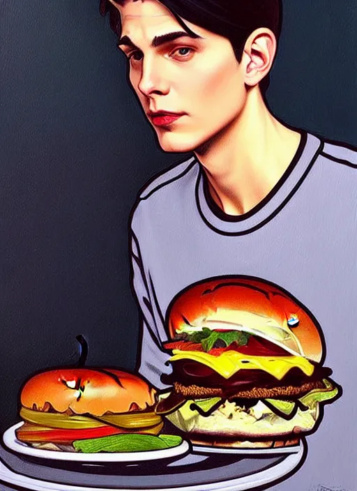 Image similar to oil painting, jughead jones wears a light grey crown, and devours a hamburger, intricate, elegant, highly detailed, lighting, painting, artstation, smooth, illustration, art by greg rutowski and alphonse mucha