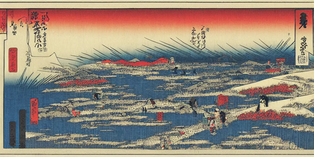 Prompt: snow field scenery at night, snowy and windy, with some tombs and blood in the front, by hiroshige utakawa, ukiyoe