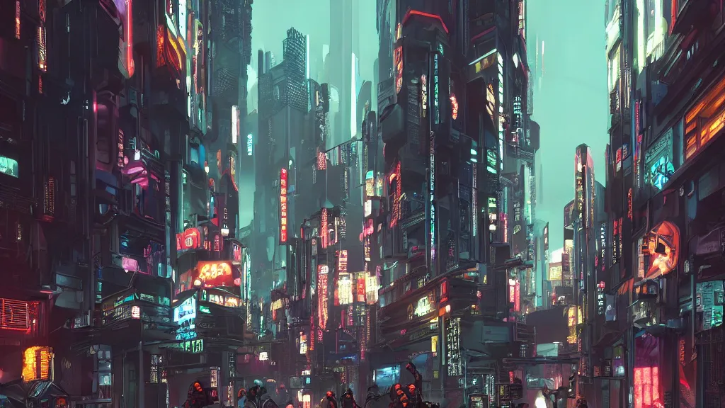 Prompt: cyberpunk city street with many people and robots of different heights, tokyo, volumetric lighting, fight happening, trending artstation, unreal engine 5, matte painting, atmospheric perspective, huge depth of field, by syd mead, dreadjim, fengzhu