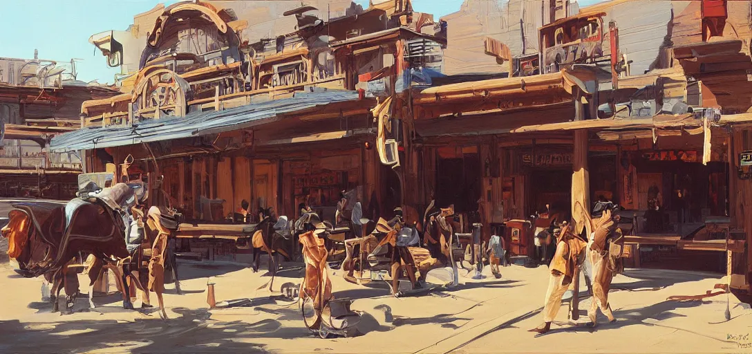 Prompt: from a movie scene, painting of a western saloon exterior in old town, syd mead, cinematic wide shot