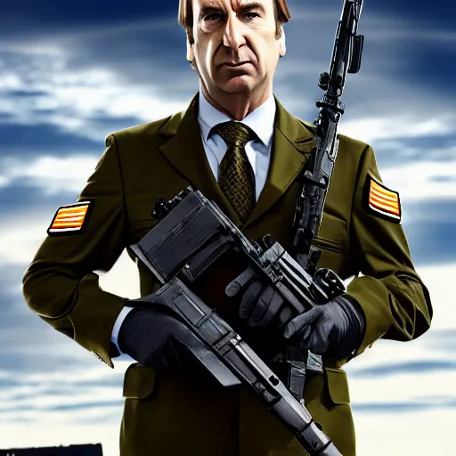 Image similar to Saul Goodman wearing heavy modern military gear and holding a machine gun, highly detailed, 4k