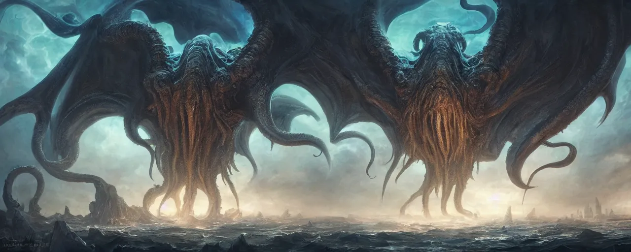 Image similar to gigantic Cthulhu opening a portal to the abyss in the middle of an advanced city, large scale, breathtaking, mixed media, digital art, trending on artstation, 8k, epic composition, highly detailed, AAA graphics