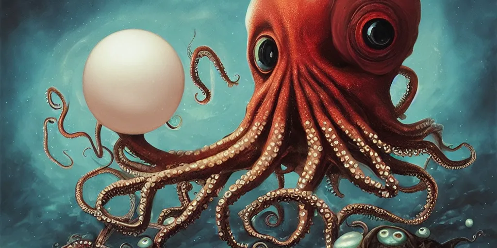 Image similar to queen octopus with a giant eyeball pearl head by Anato Finnstark, Tom Bagshaw, Brom