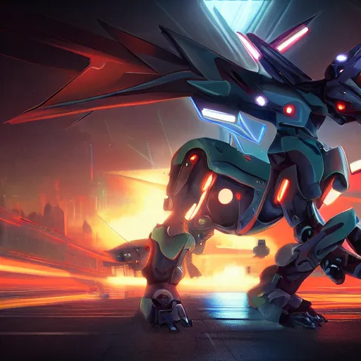 Image similar to highly detailed cinematic shot of a mecha canine, sharp claws, glowing visor, charging through city, digital art, furry art, furaffinity, deviantart, dragon art