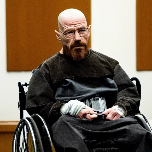 Prompt: walter white with a rough beard, wearing a clear plastic scuba rebreather, sitting in a wheelchair in a courtroom.