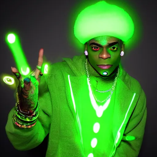 Image similar to soulja boy with glowing green magic, realistic