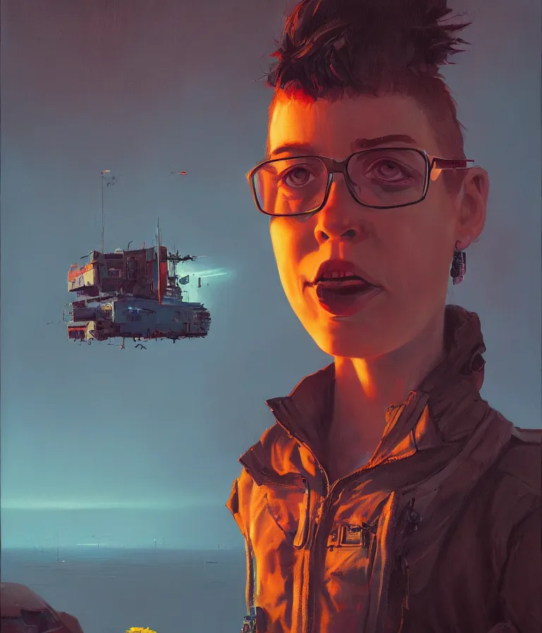 Image similar to a portrait of a punker in a painting from stalenhag, 4 k, 8 k, hdr, artstation, concept art