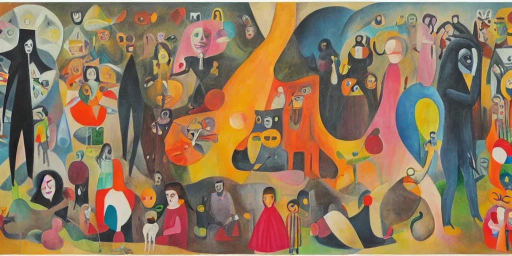 Image similar to painting by max earnst, tokio aoyama, david normal, leonora carrington, love overcoming the global population