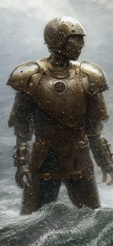 Image similar to suit of armor made of liquid, water armor, norway fjord, medium close up portrait, hudson river school, max rive, water armor, studio lighting, stormy seas, beautiful, bokeh, snowy, storm clouds, god rays, d & d, fantasy, elegant, low key color palette, concept art, roger deakins and greg rutkowski and alphonse mucha