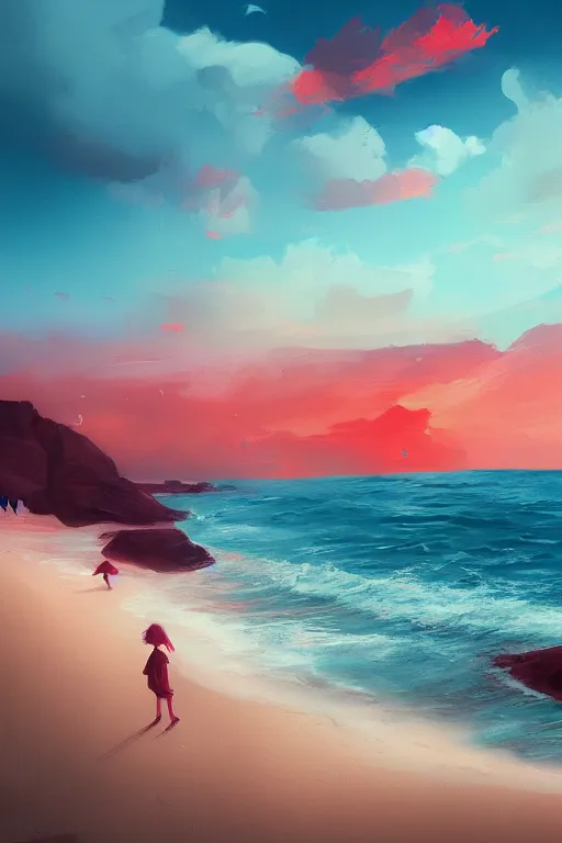 Prompt: a red haired young girl beach surreal photography, sunrise, dramatic light, impressionist painting, colorful clouds, digital painting, artstation, simon stalenhag