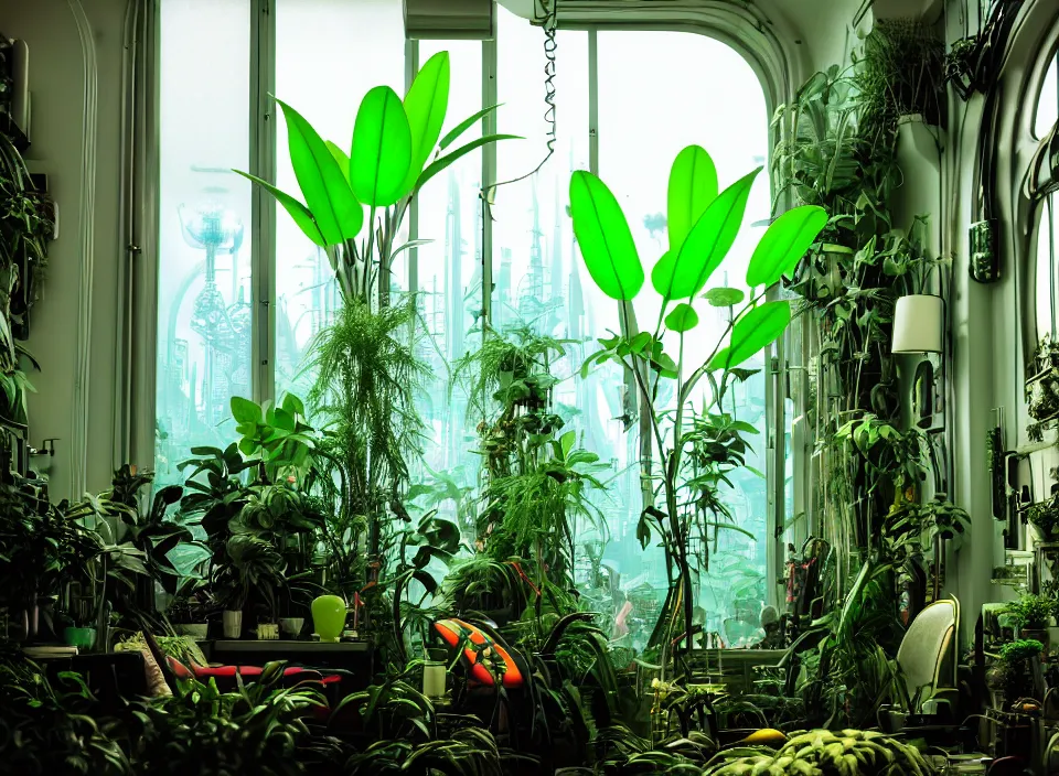 Image similar to telephoto 7 0 mm f / 2. 8 iso 2 0 0 photograph depicting a large alien jungle plant in a cosy cluttered french sci - fi ( art nouveau ) cyberpunk apartment in a pastel dreamstate art cinema style. ( computer screens, window ( city ), leds, lamp, ( ( ( aquarium bed ) ) ) ), ambient light.