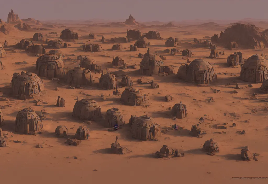 Image similar to tatooine desert village, morning, star wars, extremely detailed, soft light, blender, digital painting, artstation