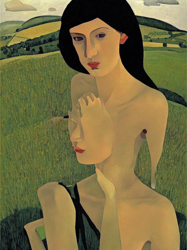 Image similar to a painted portrait of a women in a beautiful landscape by felice casorati, aesthetically pleasing and harmonious colors, expressionism