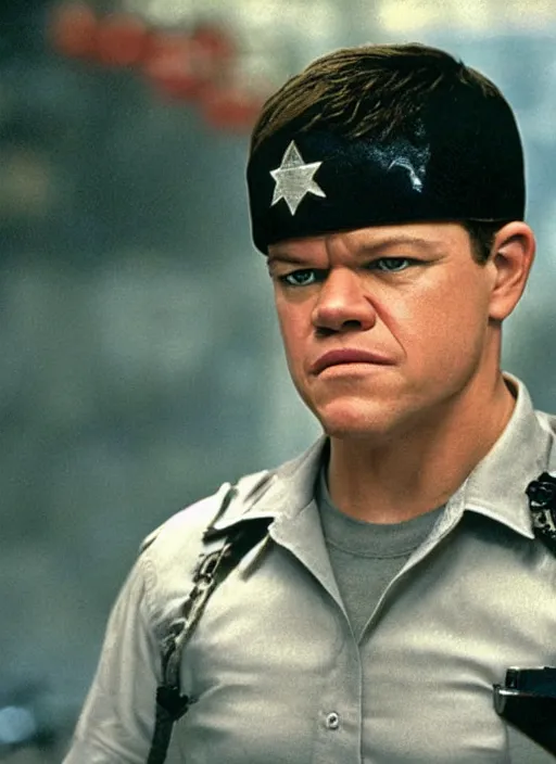 Image similar to matt damon in team america world police, film still, cinematic action,