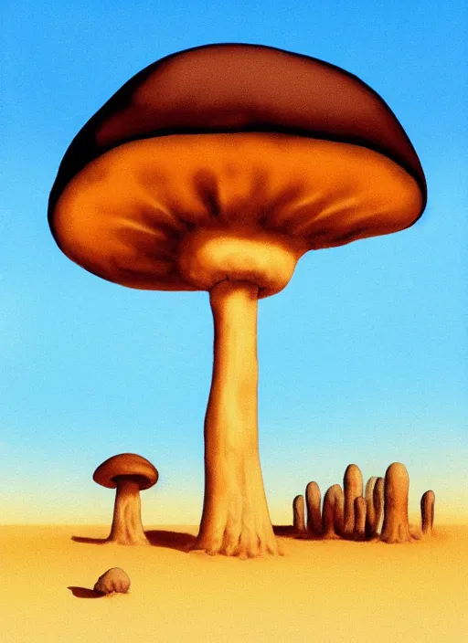 Prompt: painting of a desert scene with a large mushroom, concept art by moebius, behance contest winner, nuclear art, concept art, matte drawing, official art