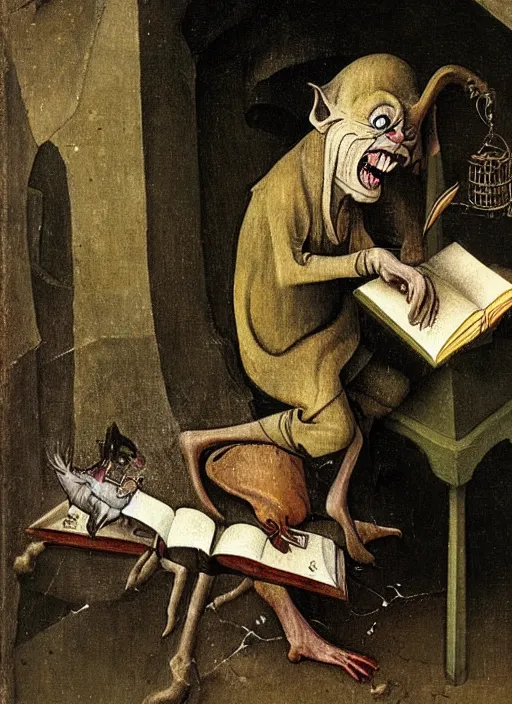 Prompt: a medieval goblin reading a book painted by hieronymus bosch, detailed digital art, trending on Artstation