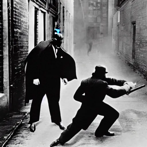 Image similar to old black and white photo, 1 9 2 5, depicting batman fighting a al capone in an alley of new york city, rule of thirds, historical record