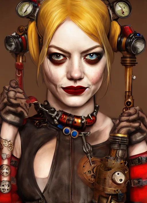 Image similar to steampunk portrait of emma stone as harley quinn, hyper detailed, digital art, trending in artstation, cinematic lighting, studio quality, smooth render, unreal engine 5 rendered, octane rendered, art style by klimt and nixeu and ian sprigger and wlop and krenz cushart.