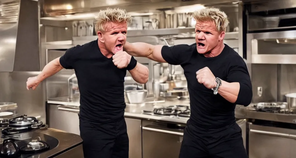 Image similar to photo of angry furious Gordon Ramsay punching Gordon Ramsay at the kitchen