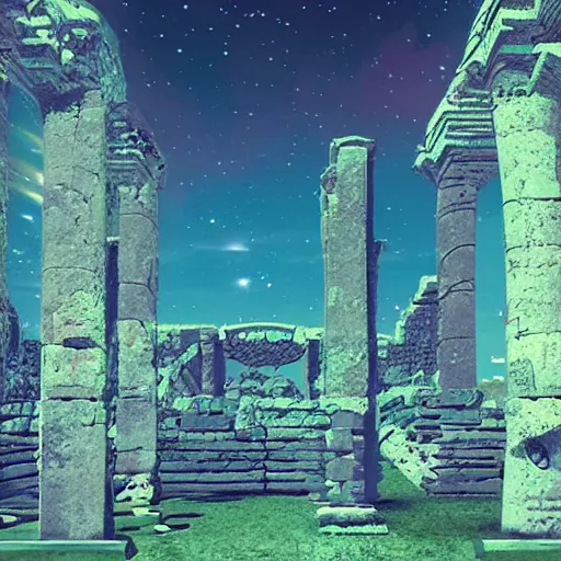 Prompt: ancient ruins in the space,retrowave art