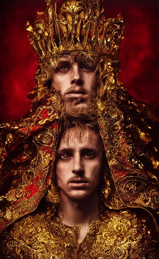 Image similar to 'Portrait of Crowned King Arthur' by Lee Jeffries royally decorated, whirling plasma, atmospheric motes, red and gold Sumptuous garb, gilt silk fabric, radiant colors, fantasy, perfect lighting, studio lit, micro details,