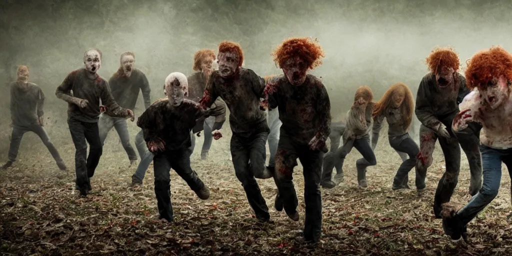 Prompt: many ginger haired pale skinned zombies chasing normal children horror movie cinematic dark foggy atmospheric blood dripping
