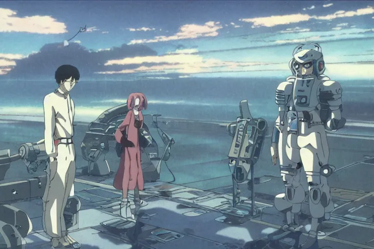 Image similar to still from anime sci-fi movie by Studio Ghibli, illustrations by Hayao Miyazaki, by Masamune Shirow