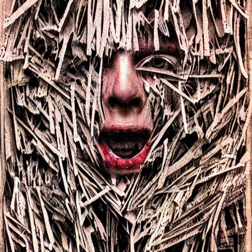 Image similar to multiple faces shredded like paper news screaming, dark horror, surreal, drawing, painting,