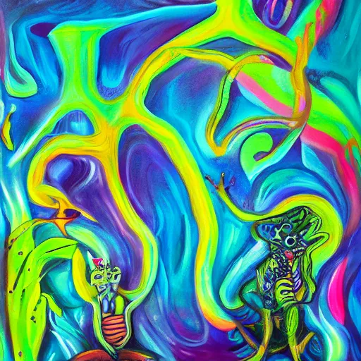 Prompt: painting named : where monsters are in dreams, tasty colours, cosmic interference