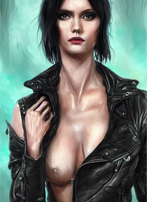 Prompt: a black haired woman in a leather jacket, muscular upper body, abs, d & d, fantasy, intricate, elegant, highly detailed, digital painting, artstation, concept art, smooth, sharp focus, illustration, art by martine johanna