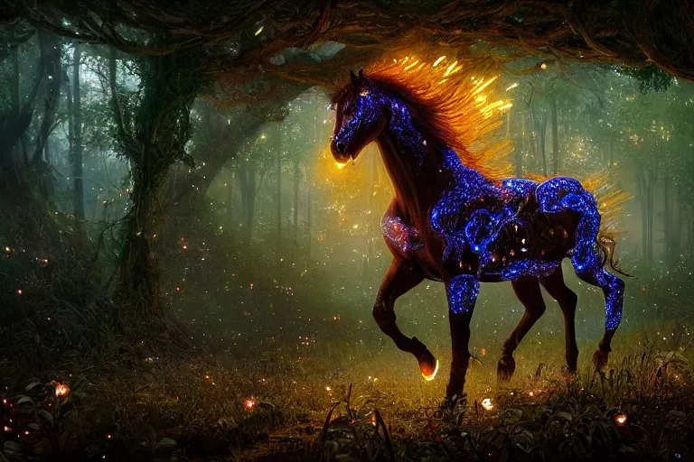 Prompt: a stunning horse made of fireflies with a thick mane of bioluminescent vines and flowers running through the woods by greg rutkowski, high key lighting, volumetric light, digital art, highly detailed, fine detail, intricate, ornate, complex, octane render, unreal engine, photorealistic