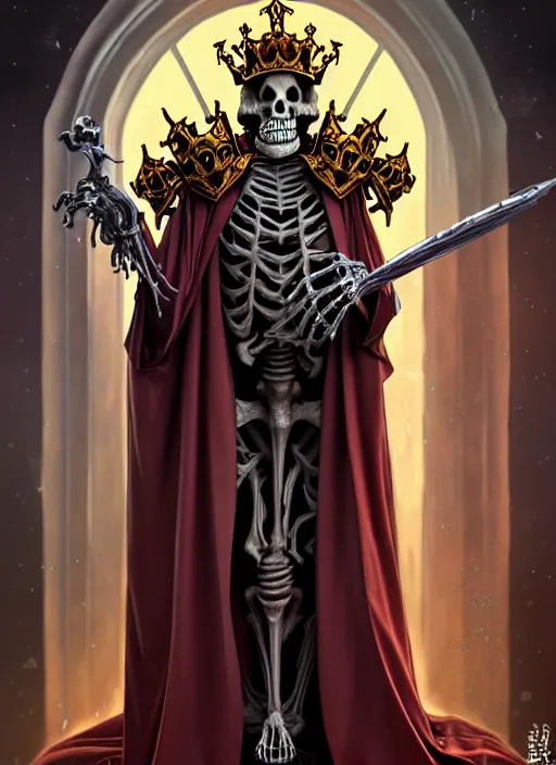Prompt: overlord, undead skeleton king, wearing an academic gown, tarot card, highly detailed, deep focus, elegant, digital painting, smooth, sharp focus, illustration, ultra realistic, 8 k, art by artgerm and alphonse mucha