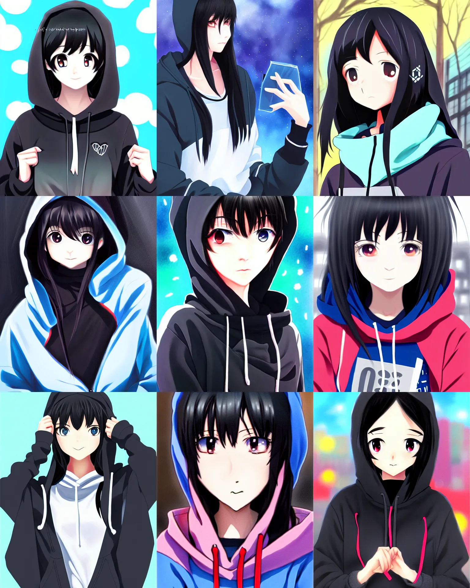 Prompt: black haired girl wearing hoodie, city, anime key visual, pixiv ranking, oil painting